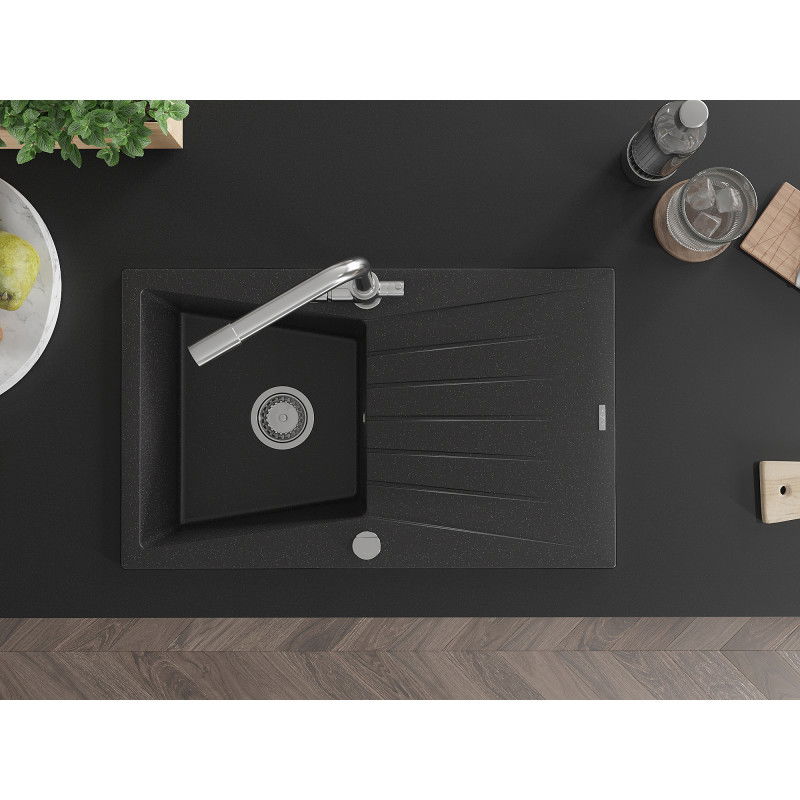 Mexen Cesar évier en granit 1 bac avec égouttoir et robinet de cuisine Duero, noir/métallique argenté - 6514-73-671600-00