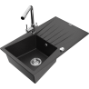 Mexen Cesar évier en granit 1 bac avec égouttoir et robinet de cuisine Duero, noir/métallique argenté - 6514-73-671600-00