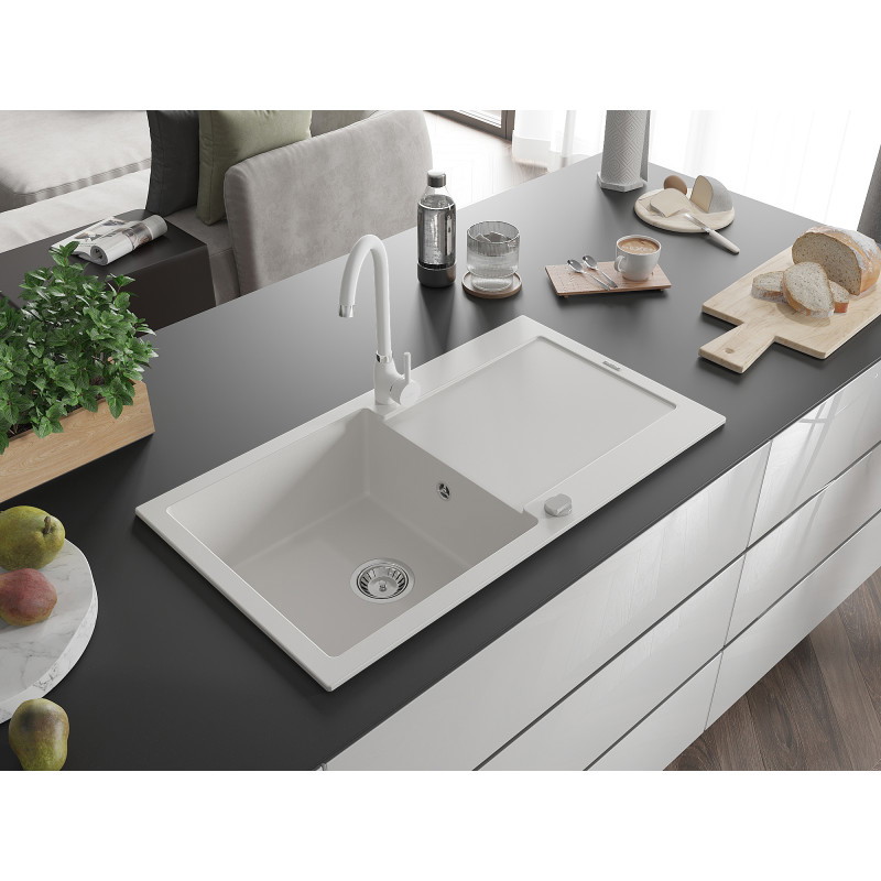 Mexen Leo évier en granit à 1 bac avec égouttoir et robinet de cuisine Telma, blanc - 6501-20-670200-20