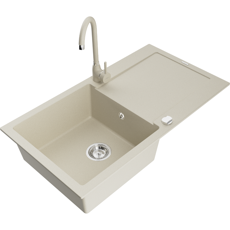 Mexen Leo évier granit 1 bac avec égouttoir et robinet cuisine Telma, beige - 6501-69-670200-69