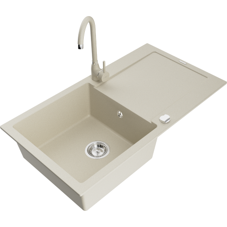 Mexen Leo évier en granit 1 bac avec égouttoir et robinet de cuisine Telma, beige - 6501-69-670200-69