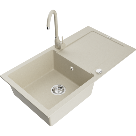 Mexen Leo évier granit 1 bac avec égouttoir et robinet cuisine Telma, beige - 6501-69-670200-69