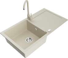 Mexen Leo évier granit 1 bac avec égouttoir et robinet cuisine Telma, beige - 6501-69-670200-69