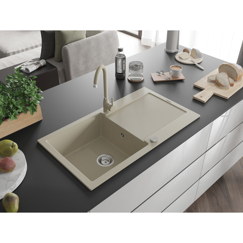 Mexen Leo Évier de cuisine en granit 1 bac avec égouttoir et robinet Telma, beige - 6501-69-670200-69