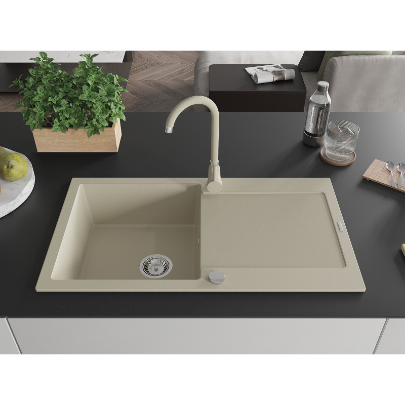 Mexen Leo Évier de cuisine en granit 1 bac avec égouttoir et robinet Telma, beige - 6501-69-670200-69