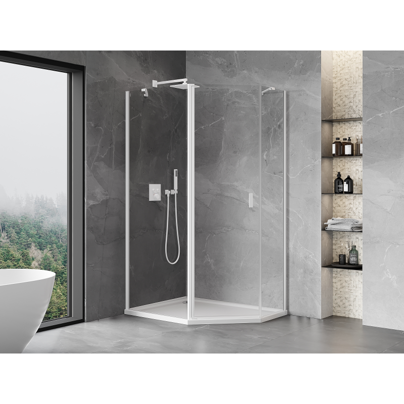 Mexen Mist cabine de douche pentagonale asymétrique pivotante 100 x 90 cm, transparent, blanc - 8A8-100-090-20-00