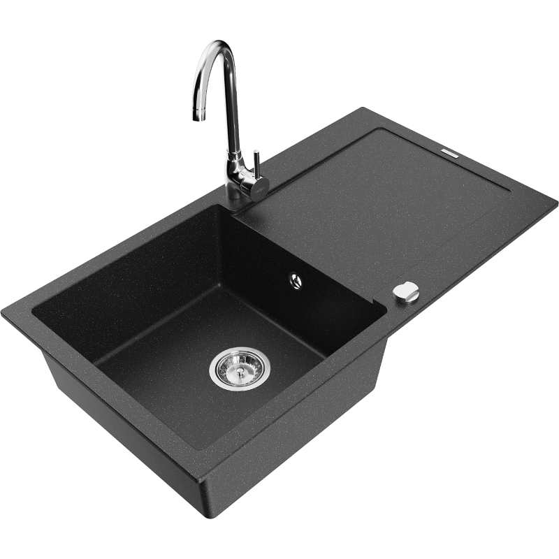 Mexen Leo évier en granit 1 bac avec égouttoir et robinet de cuisine Telma, noir/métal argent - 6501-73-670200-00