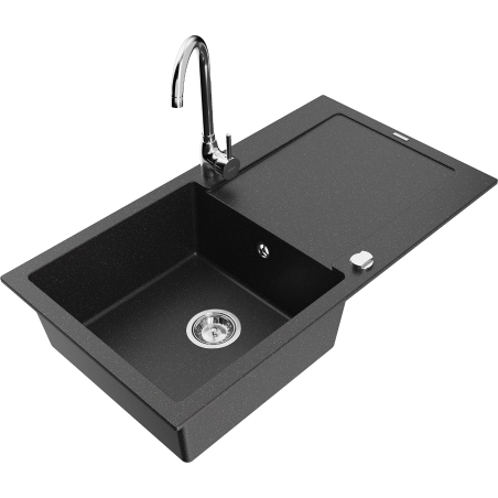 Mexen Leo évier en granit 1 bac avec égouttoir et robinet de cuisine Telma, noir/métal argent - 6501-73-670200-00