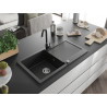 Mexen Leo évier en granit 1 bac avec égouttoir et robinet de cuisine Telma, noir/argent métallisé - 6501-73-670200-70