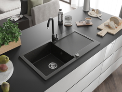 Mexen Leo évier en granit 1 bac avec égouttoir et robinet de cuisine Telma, noir/or métallique - 6501-75-670200-70