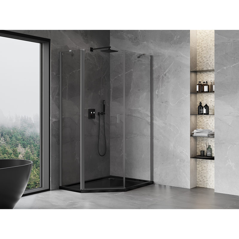 Mexen Mist cabine de douche pentagonale asymétrique pivotante 80 x 90 cm, transparent, métal canon - 8A8-080-090-95-00