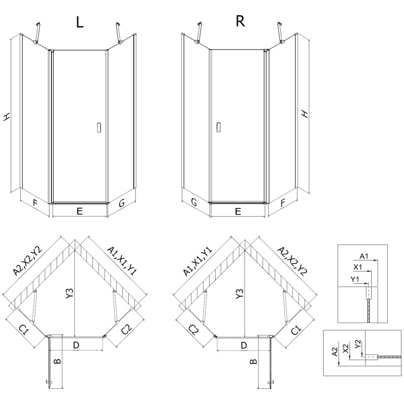 Mexen Mist cabine de douche pentagonale pivotante 100 x 100 cm, transparente, gun metal - 8A8-100-100-95-00
