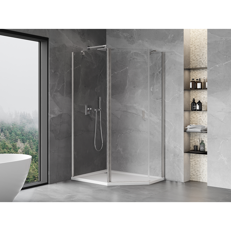 Mexen Mist cabine de douche pentagonale asymétrique pivotante 90 x 80 cm, transparent, nickel brossé - 8A8-090-080-97-00