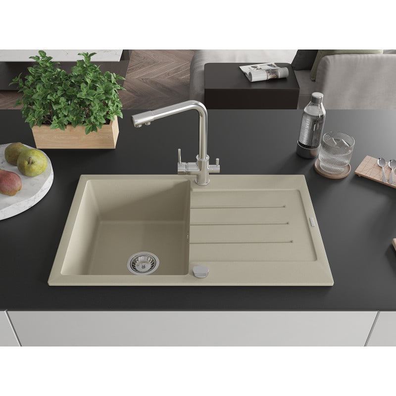 Mexen Bruno évier en granit 1 bac avec égouttoir et robinet de cuisine Duero, beige - 6513-69-671600-00