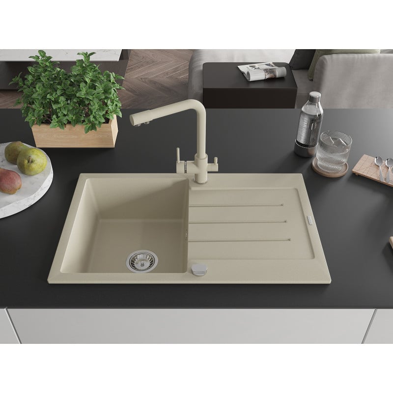 Mexen Bruno évier en granit 1 bac avec égouttoir et robinet de cuisine Duero, beige - 6513-69-671600-69