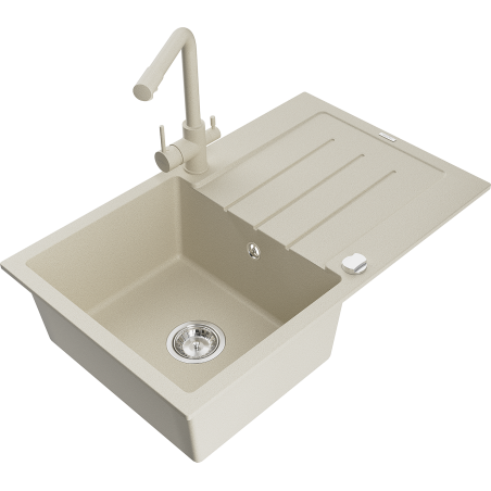 Mexen Bruno évier en granit 1 cuve avec égouttoir et robinet de cuisine Duero, beige - 6513-69-671600-69