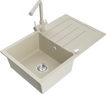 Mexen Bruno évier en granit 1 cuve avec égouttoir et robinet de cuisine Duero, beige - 6513-69-671600-69