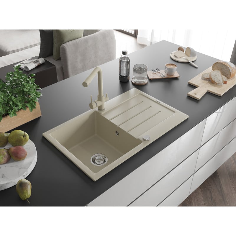 Mexen Bruno évier en granit 1 bac avec égouttoir et robinet de cuisine Duero, beige - 6513-69-671600-69