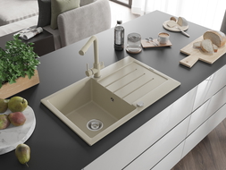 Mexen Bruno évier en granit 1 cuve avec égouttoir et robinet de cuisine Duero, beige - 6513-69-671600-69