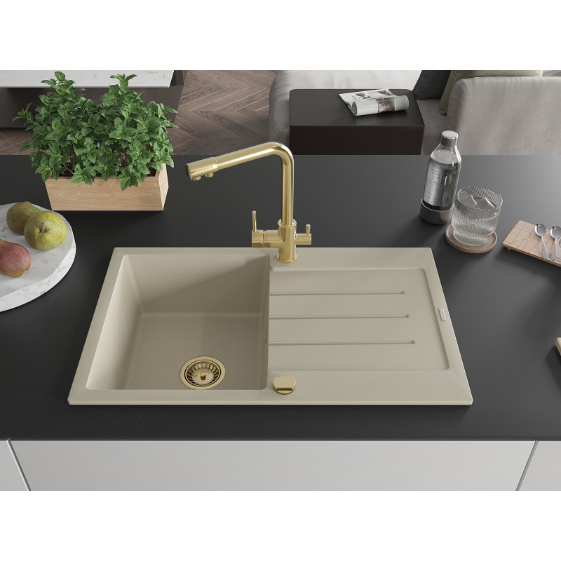 Mexen Bruno évier en granit 1 bac avec égouttoir et robinet de cuisine Duero, beige - 6513-69-671600-50