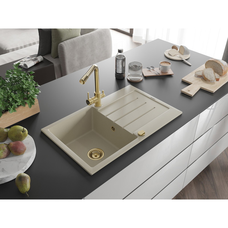 Mexen Bruno évier en granit 1 bac avec égouttoir et robinet de cuisine Duero, beige - 6513-69-671600-50