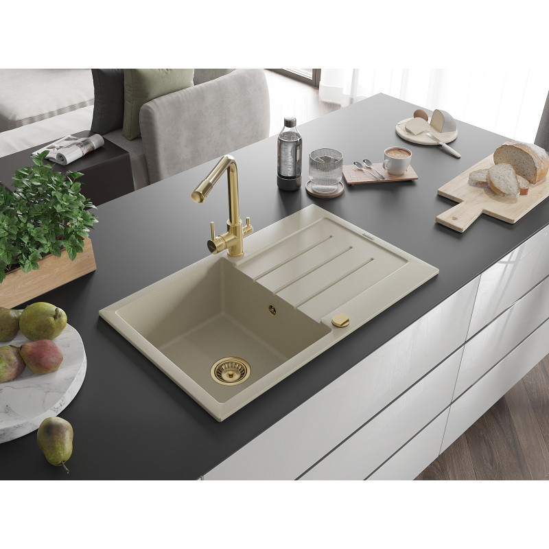 Mexen Bruno évier en granit 1 cuve avec égouttoir et robinet de cuisine Duero, beige - 6513-69-671600-50
