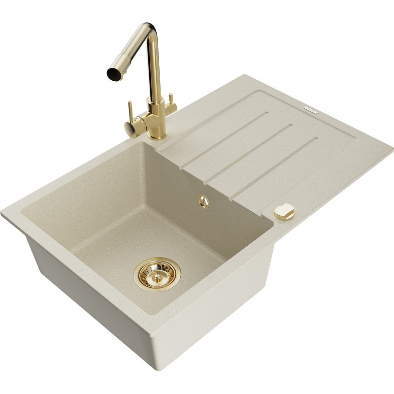 Mexen Bruno évier en granit 1 cuve avec égouttoir et robinet de cuisine Duero, beige - 6513-69-671600-50