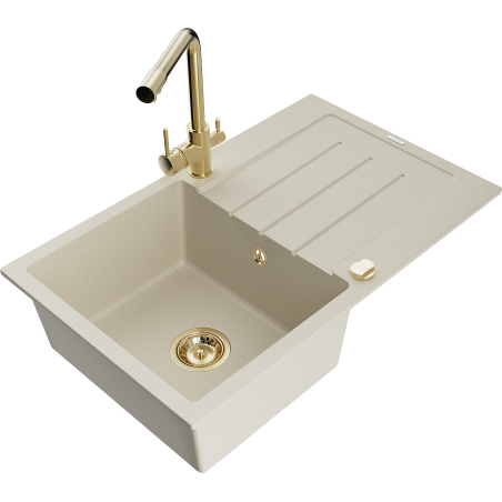 Mexen Bruno évier en granit 1 cuve avec égouttoir et robinet de cuisine Duero, beige - 6513-69-671600-50