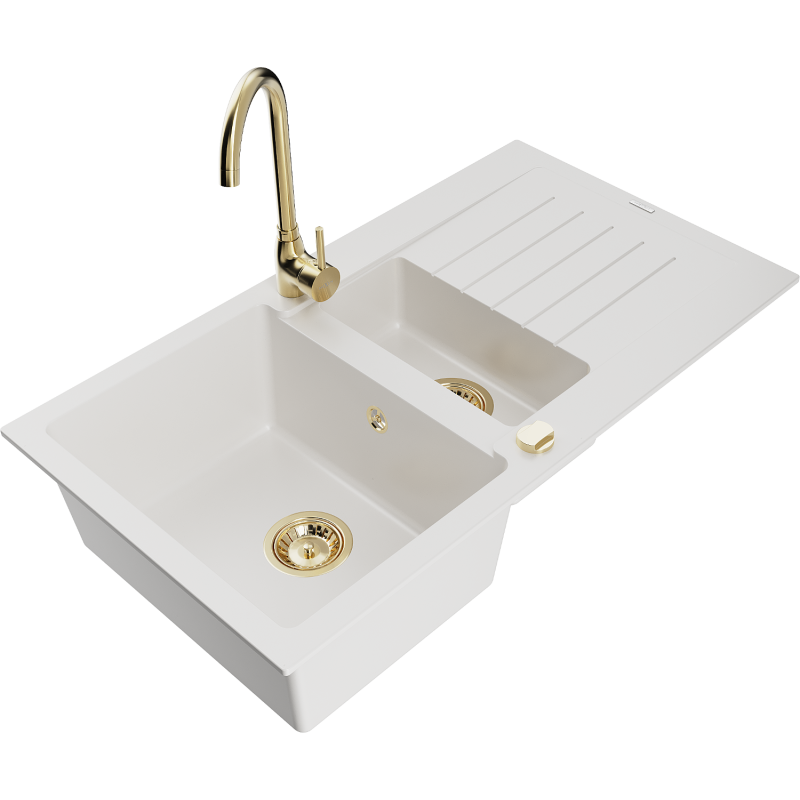 Mexen Matias Évier en granit à 1,5 bac avec égouttoir et robinet de cuisine Telma, blanc - 6502-20-670200-50