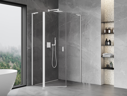 Mexen Mist L cabine de douche pentagonale asymétrique pivotante 80 x 90 cm, transparent, blanche - 8A8L-080-090-20-00