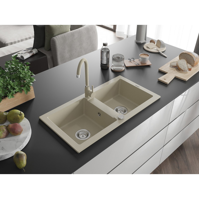 Mexen Mario évier en granit à 2 bacs avec robinet de cuisine Telma, beige - 6504-69-670200-69