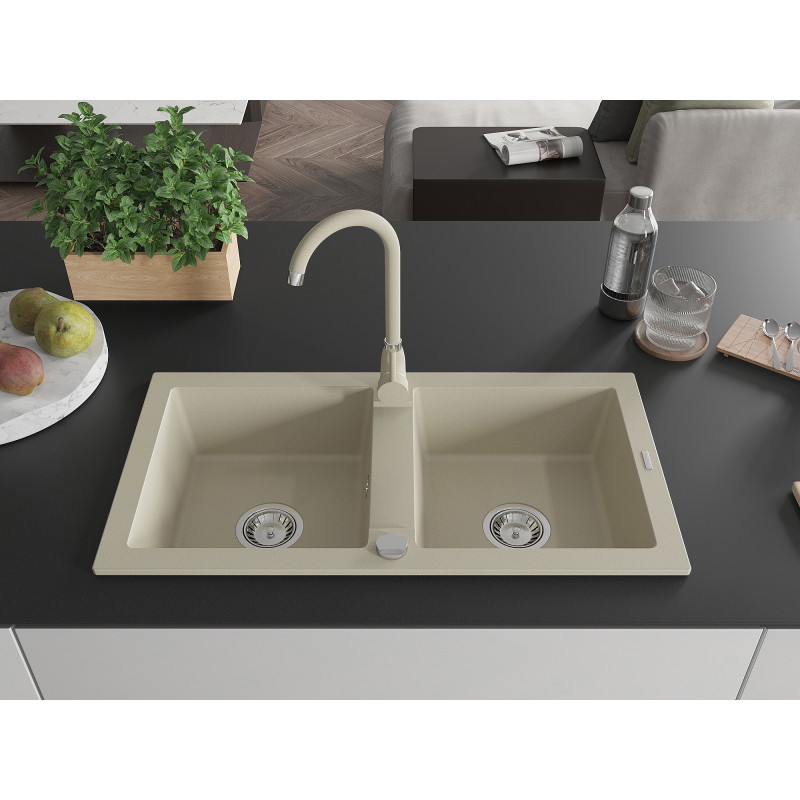 Mexen Mario évier en granit à 2 bacs avec robinet de cuisine Telma, beige - 6504-69-670200-69