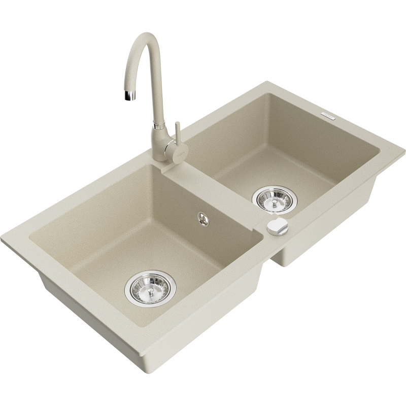 Mexen Mario évier en granit à 2 cuves avec robinet mélangeur Telma, Beige - 6504-69-670200-69