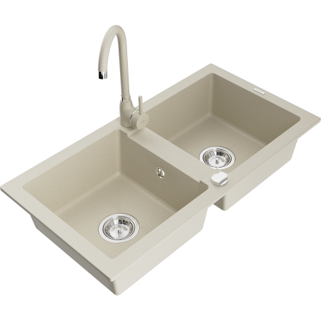Mexen Mario évier en granit à 2 cuves avec robinet mélangeur Telma, Beige - 6504-69-670200-69