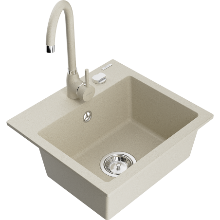 Mexen Milo évier en granit 1 bac avec mitigeur de cuisine Telma, beige - 6505-69-670200-69