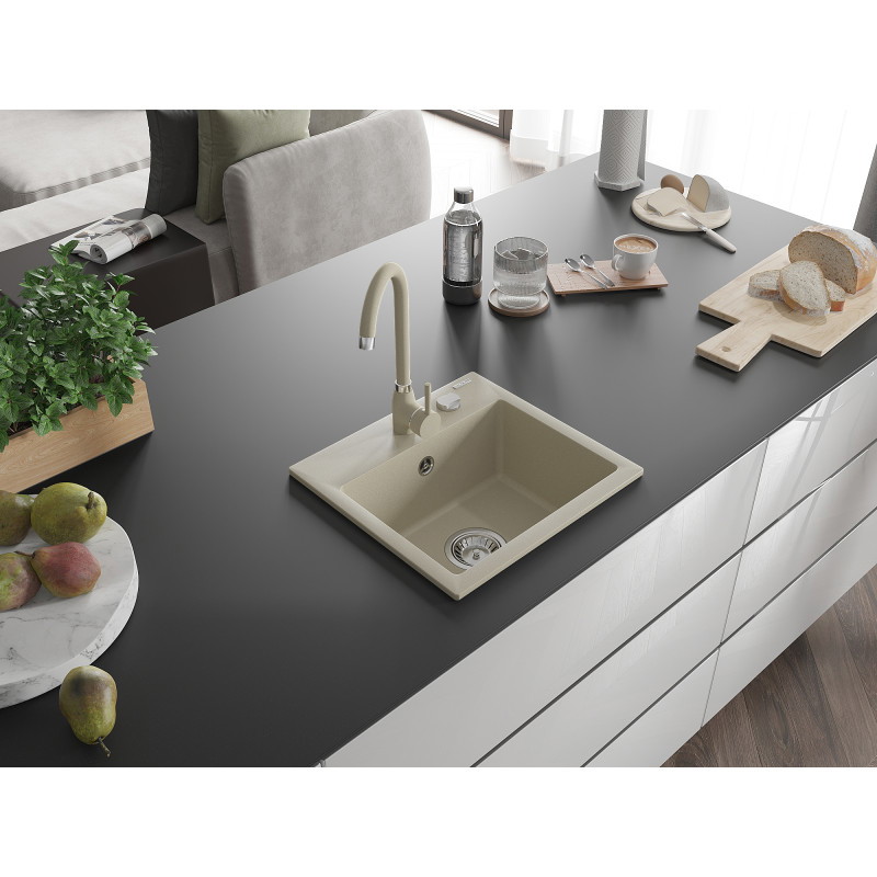 Mexen Milo évier en granit 1 bac avec mitigeur de cuisine Telma, beige - 6505-69-670200-69