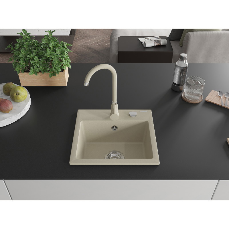 Mexen Milo évier en granit 1 bac avec mitigeur de cuisine Telma, beige - 6505-69-670200-69