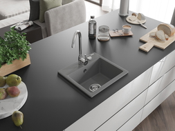 Mexen Milo évier en granit 1 bac avec robinet de cuisine Telma, gris - 6505-71-670200-00