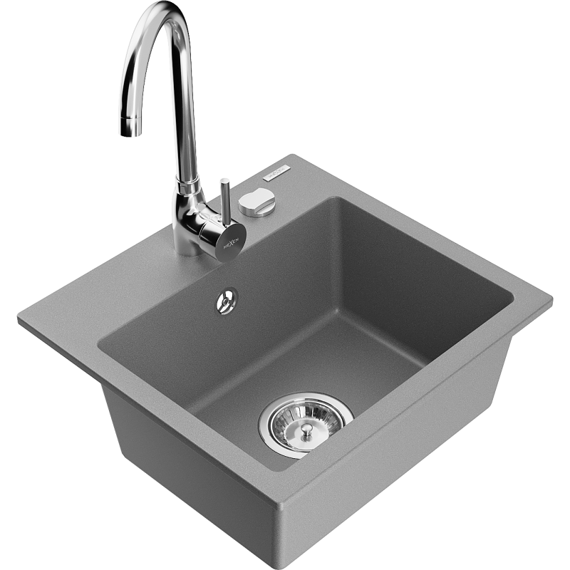 Mexen Milo évier en granit 1 bac avec robinet de cuisine Telma, gris - 6505-71-670200-00