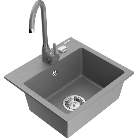 Mexen Milo évier en granit 1 bac avec robinet de cuisine Telma, gris - 6505-71-670200-71