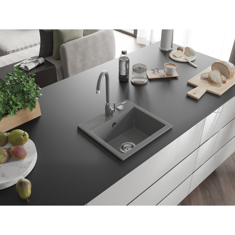 Mexen Milo évier de cuisine en granit 1 bac avec robinet Telma, gris - 6505-71-670200-71