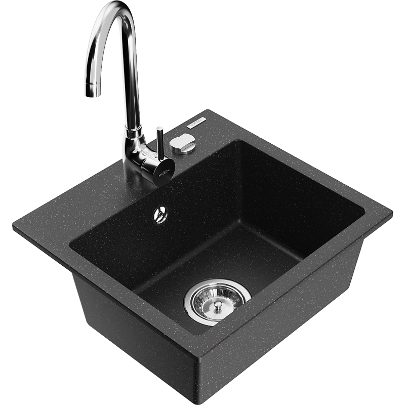 Mexen Milo évier en granit 1 bac avec robinet de cuisine Telma, noir/argent - 6505-73-670200-00