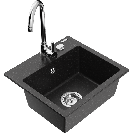 Mexen Milo évier en granit 1 bac avec robinet de cuisine Telma, noir/argent - 6505-73-670200-00