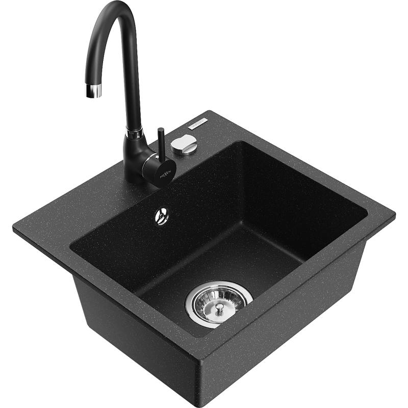 Mexen Milo évier en granit 1 bac avec robinet de cuisine Telma, noir/argent - 6505-73-670200-70