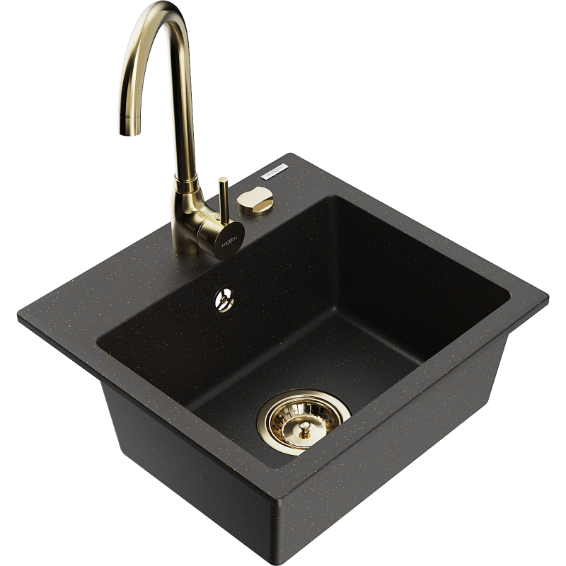 Mexen Milo évier en granit 1 bac avec robinet de cuisine Telma, noir/or - 6505-75-670200-50