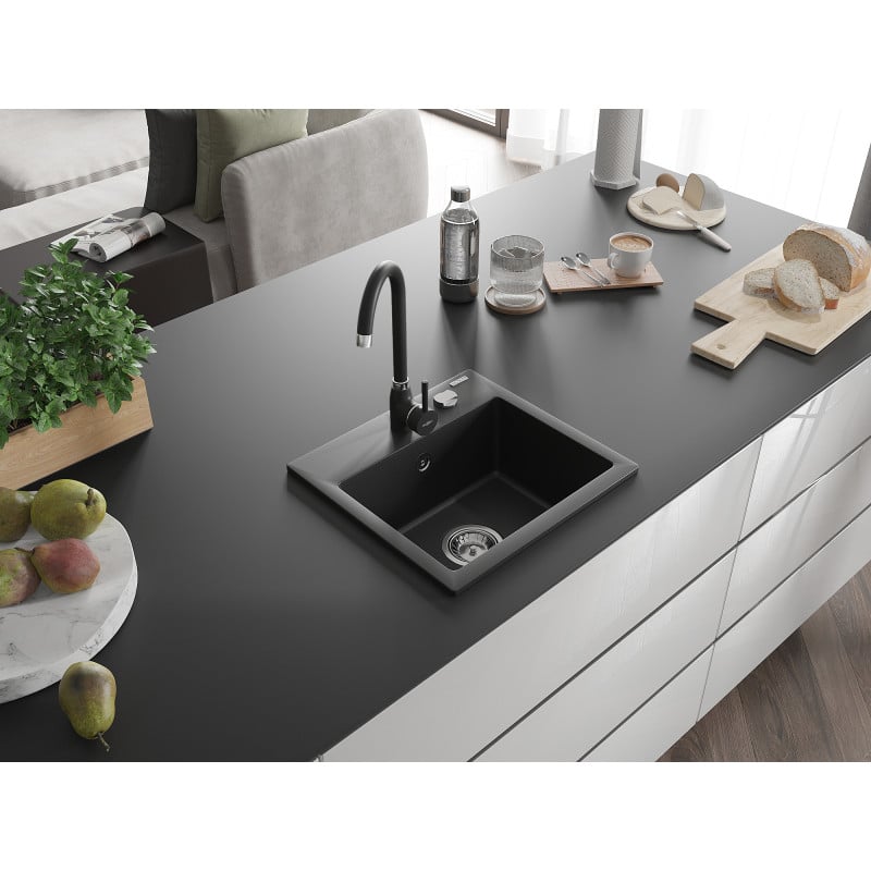 Mexen Milo Évier en granit 1 bac avec robinet de cuisine Telma, noir - 6505-77-670200-70