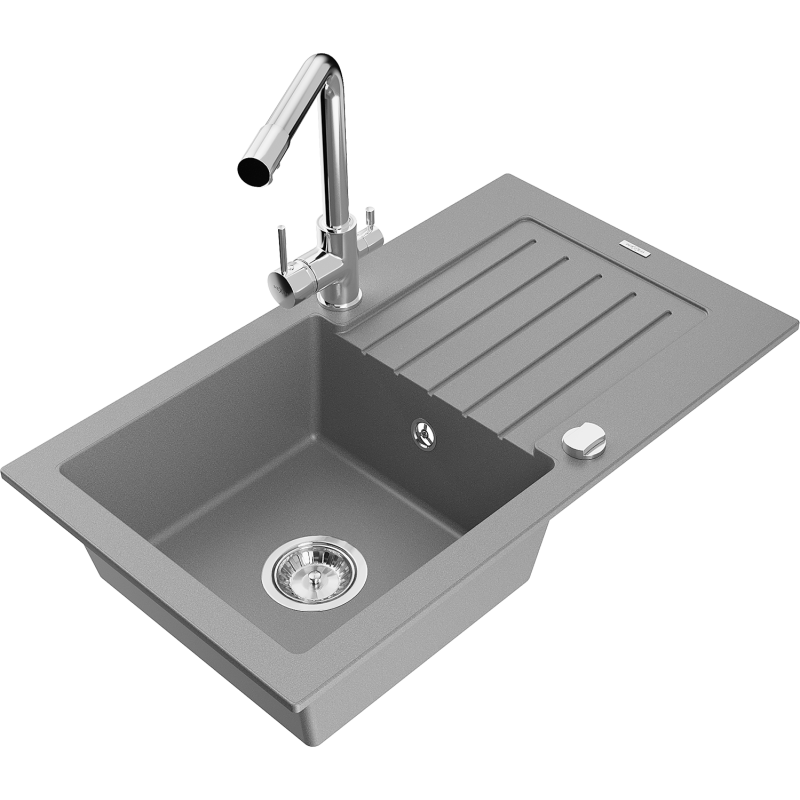 Mexen Pablo évier en granit 1 bassin avec égouttoir et robinet de cuisine Duero, gris - 6510-71-671600-00