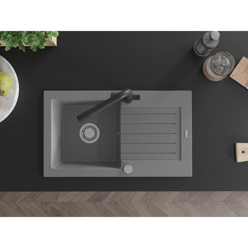 Mexen Pablo évier en granit 1 bac avec égouttoir et robinet de cuisine Duero, gris - 6510-71-671600-70