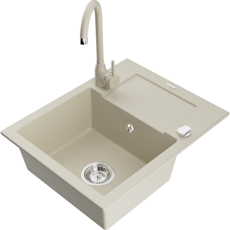 Mexen Enzo évier en granit 1 bac avec égouttoir et robinet de cuisine Telma, beige - 6506-69-670200-69