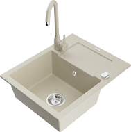 Mexen Enzo évier en granit 1 bac avec égouttoir et robinet de cuisine Telma, beige - 6506-69-670200-69